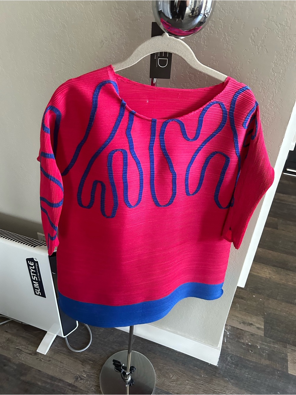 Bright Pink & Blue Scoop Neck IsseyMiyake Style Blouse